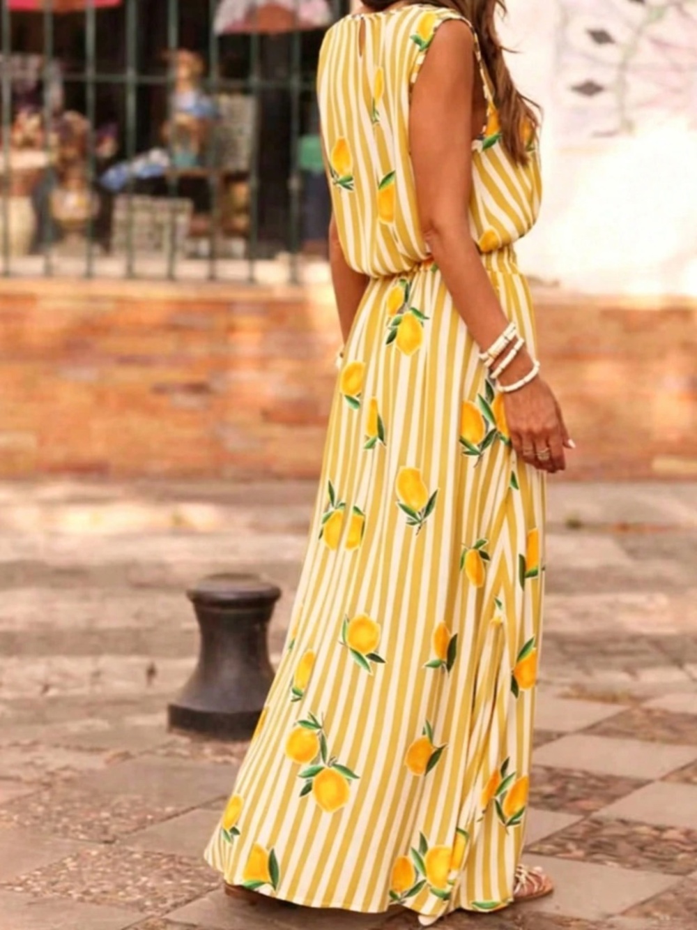Classic Lemon Print Stretchy Waist Maxi Skirt Cropped Top Sleeveless Top set - Picture 3 of 4
